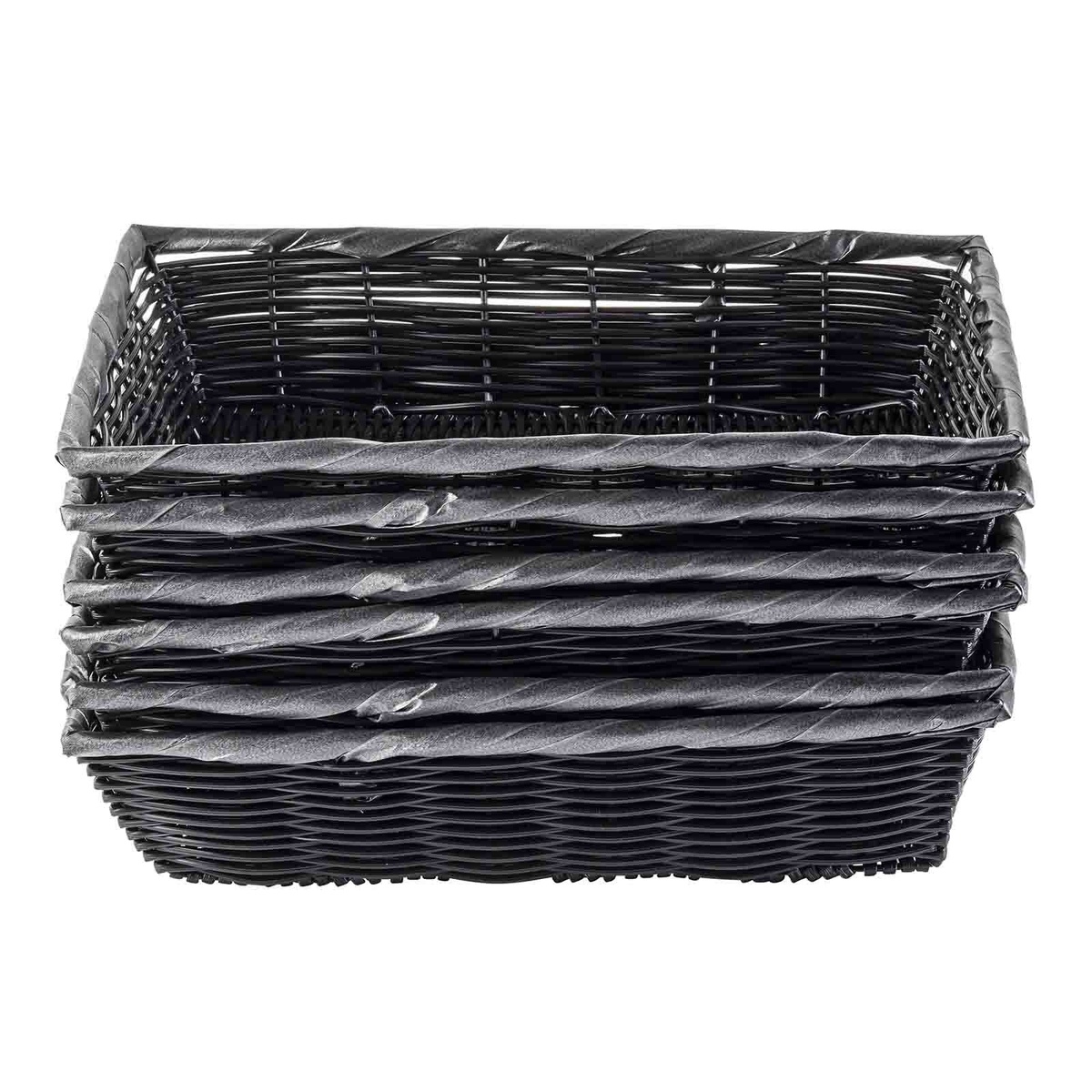 Multiple TableCraft 2489 black handwoven baskets stacked flat from a front angle, showing stackability