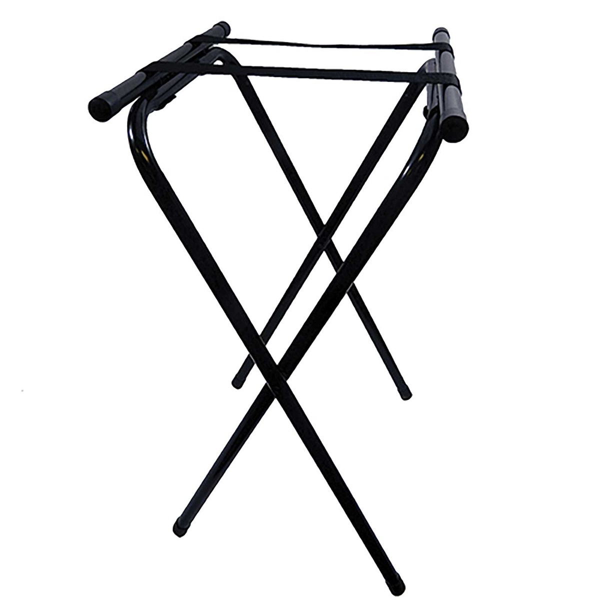 TableCraft 24BK black powder-coated metal folding tray stand with double-bar top and rubber feet