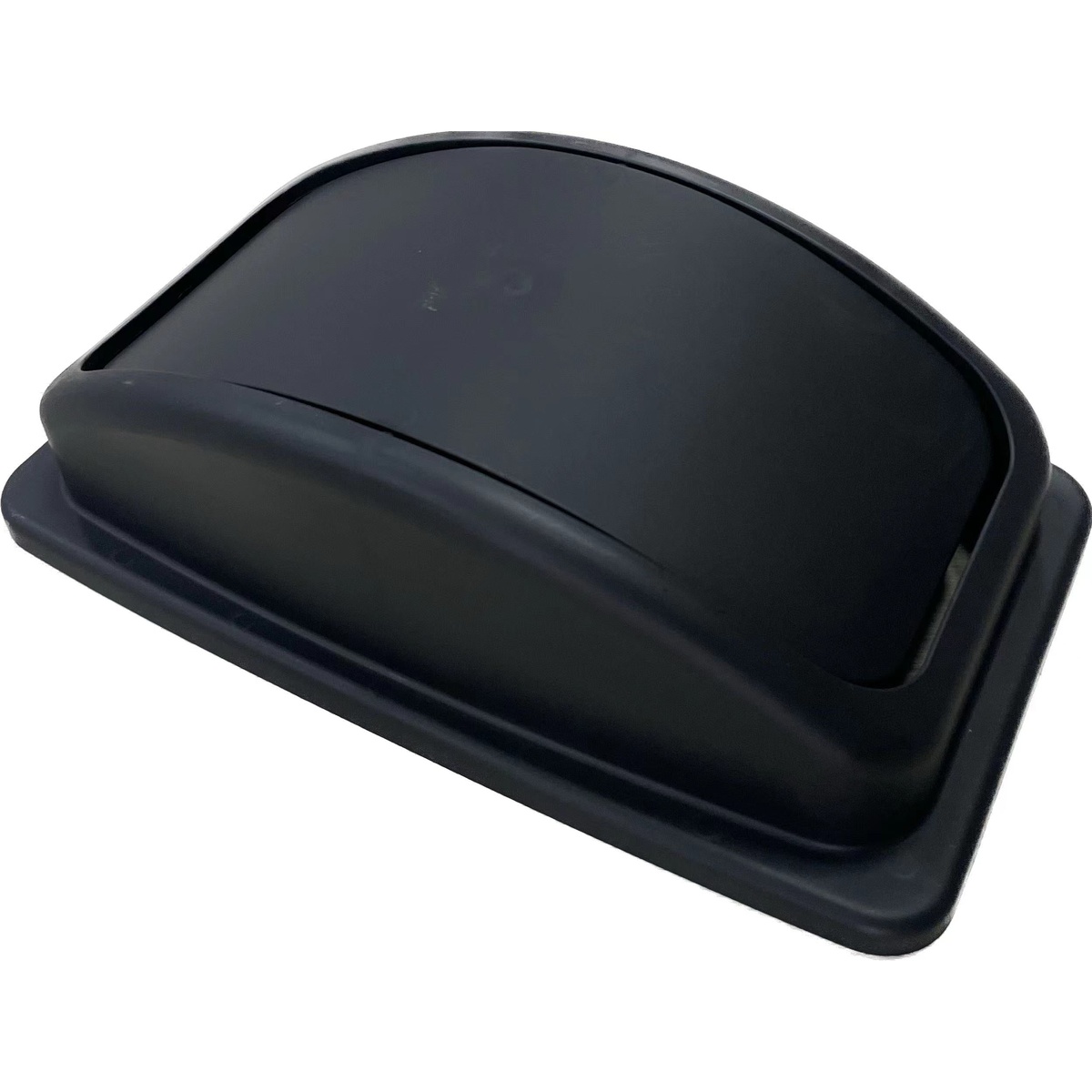 Black plastic swing lid for slim rectangular trash can, shown from a slight angle