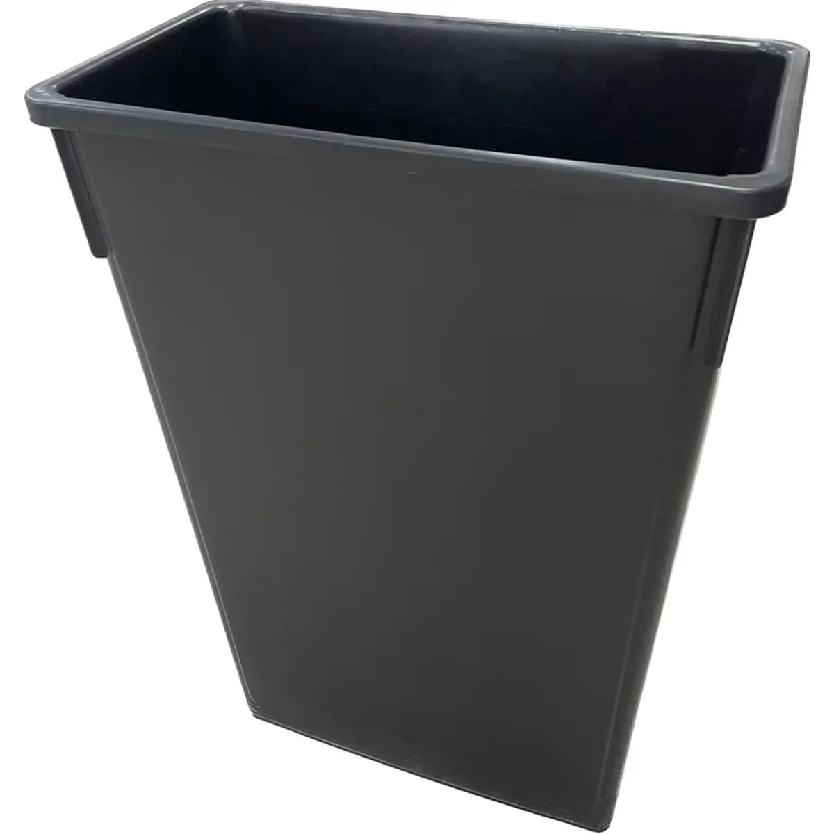 Black 24-gallon slim rectangular trash can with tapered body and reinforced rim