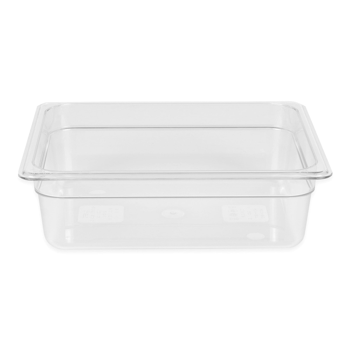 Cambro 24CW135 clear polycarbonate half-size food pan, straight-on front view showing smooth interior and molded graduations