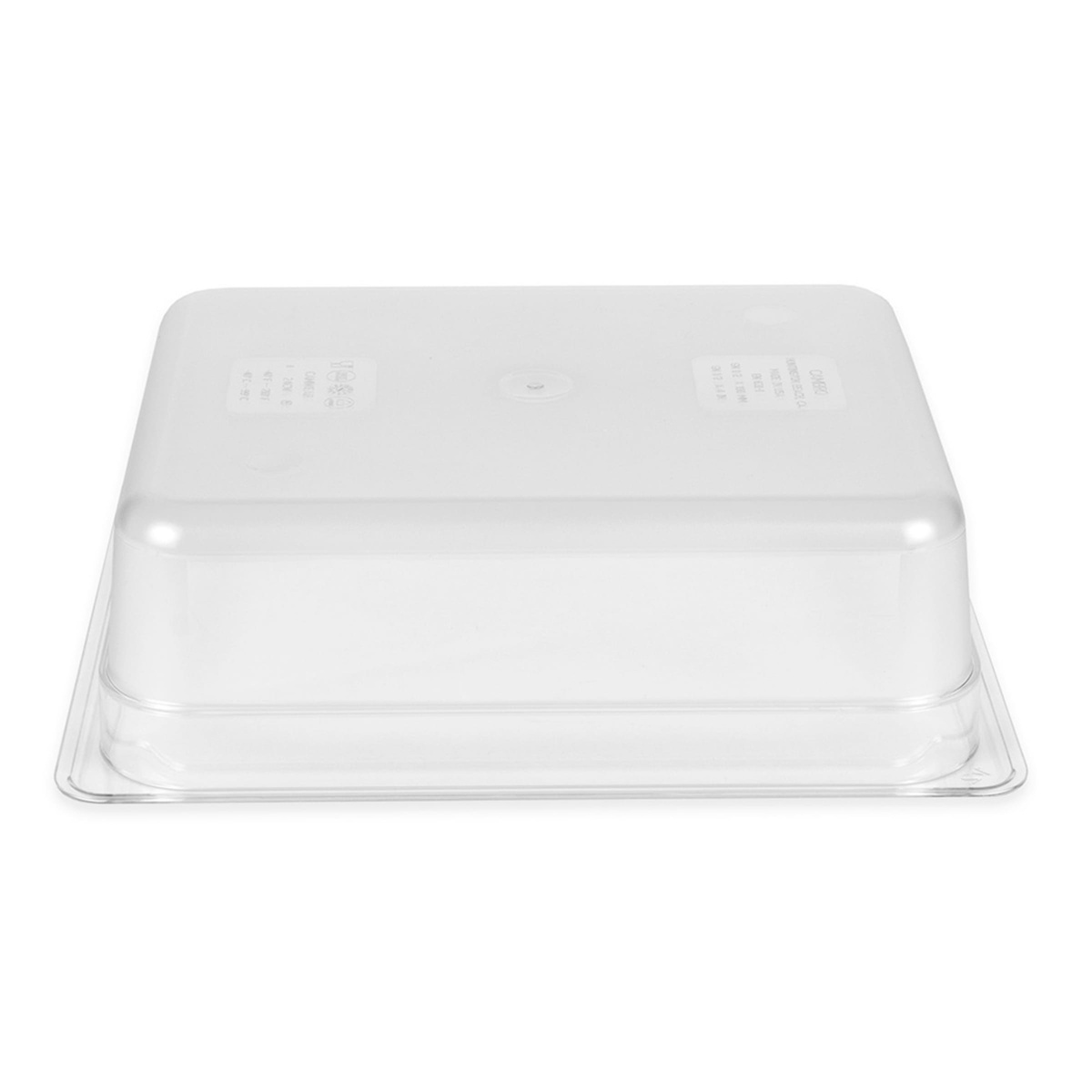 Cambro half-size clear polycarbonate food pan shown with a compatible clear lid placed on top