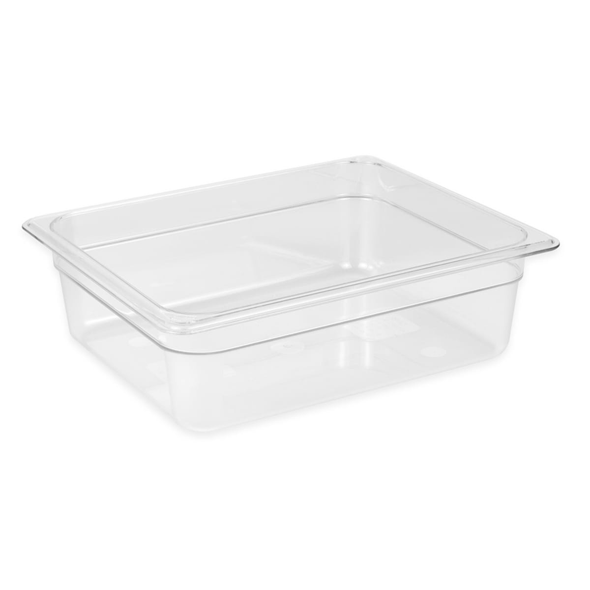 Cambro 24CW135 clear polycarbonate half-size food pan, angled top view showing flange and interior