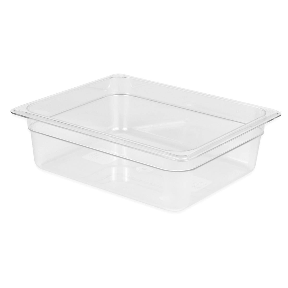 Cambro 24CW135 clear polycarbonate half-size food pan, angled view showing depth and uniform flange