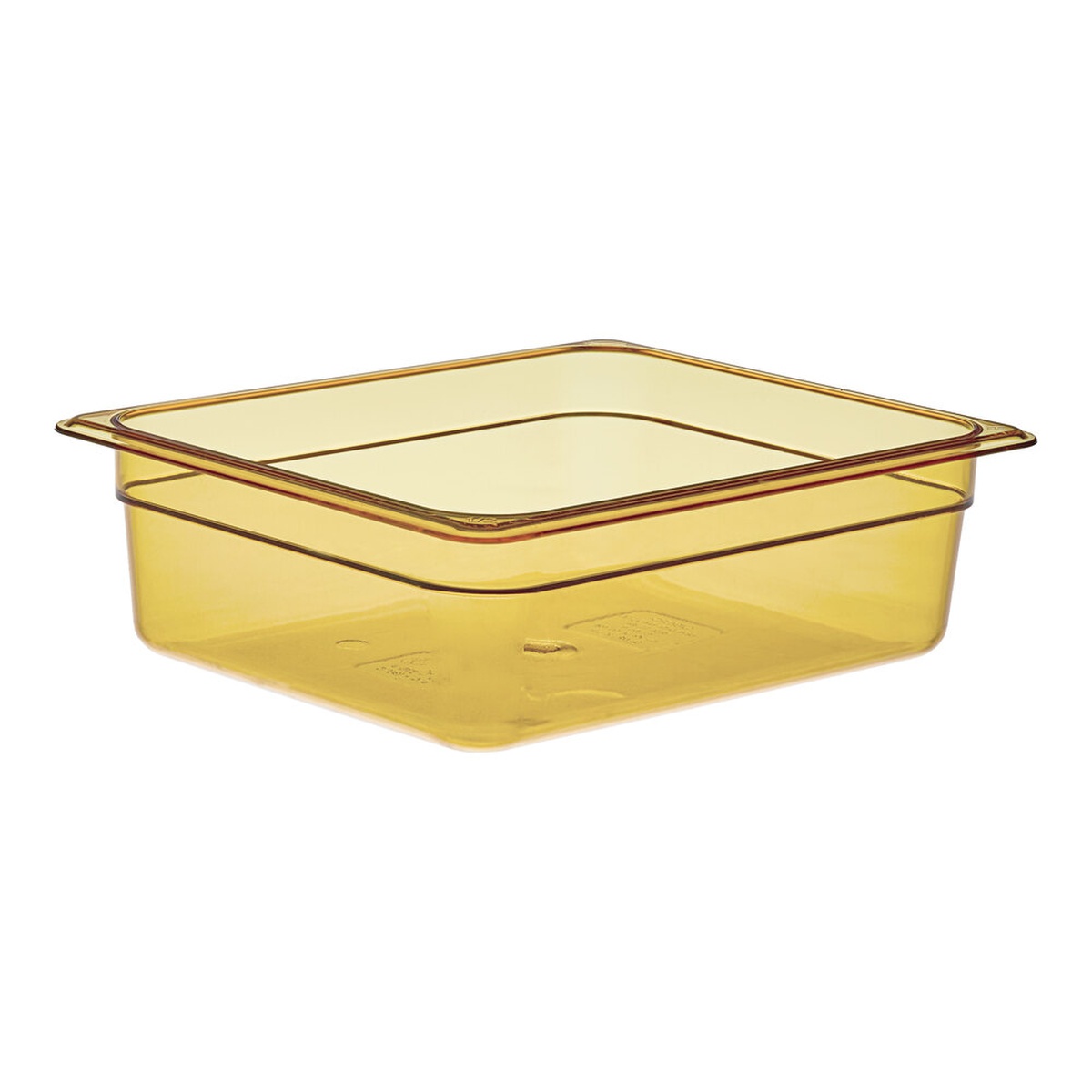 Cambro 24HP150 amber high-heat 1/2 size food pan, 4 inches deep, angled perspective view