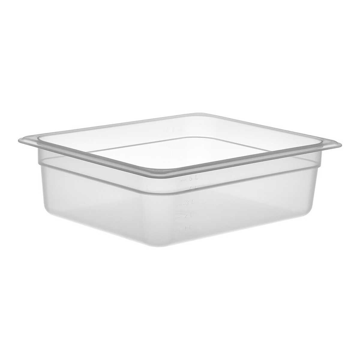 Cambro 24PP190 half-size translucent polypropylene food pan with molded-in metric graduations and uniform 1/2-inch rim