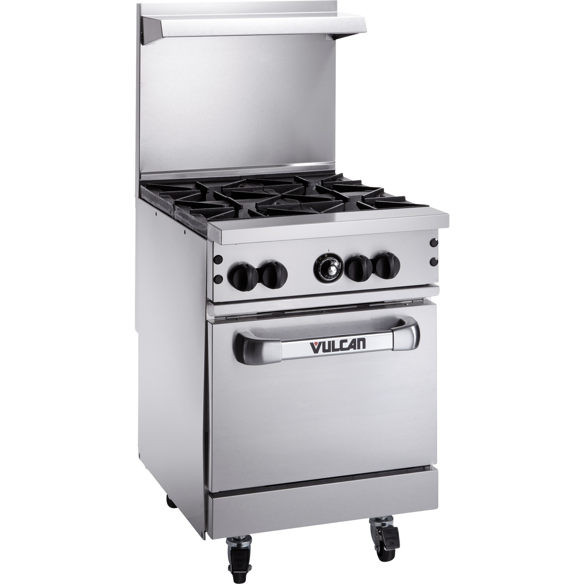 Angled view of the Vulcan 24-inch gas range with four open burners, high shelf, and standard oven