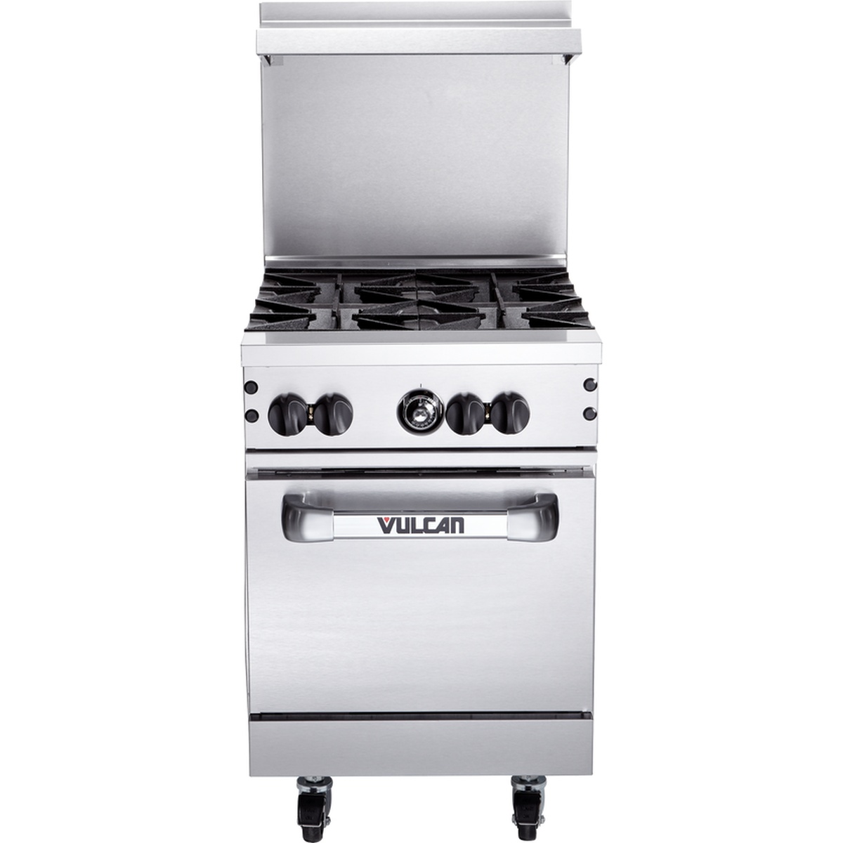 Front view of the Vulcan 24-inch gas range showing four burner controls and standard oven door