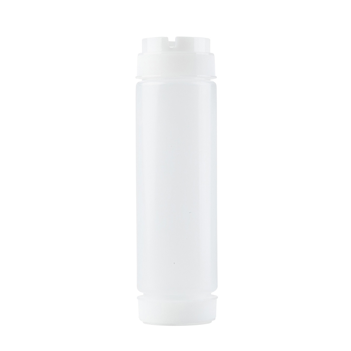 TableCraft 24SV InvertaTop clear HDPE squeeze bottle with white ValveTop cap and stabilizing collar base