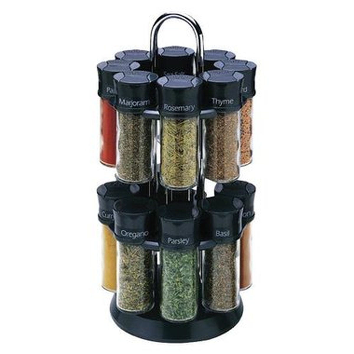 Olde Thompson 25-600B black two-tier carousel spice rack with 16 labeled glass jars filled with assorted spices and a chrome carry handle