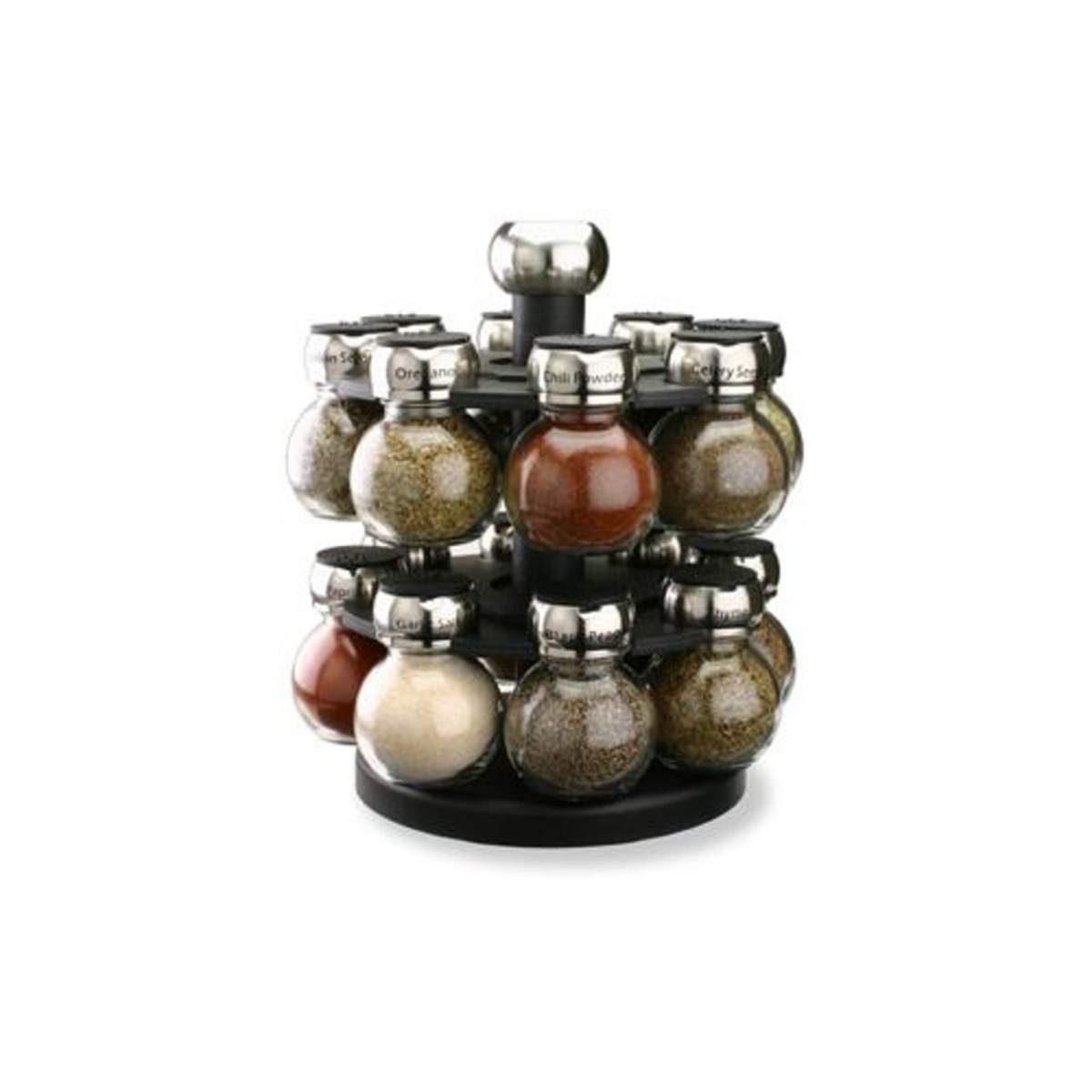 Olde Thompson Orbit 16-jar filled spice rack with two-tier revolving carousel and stainless steel flip-lid glass jars