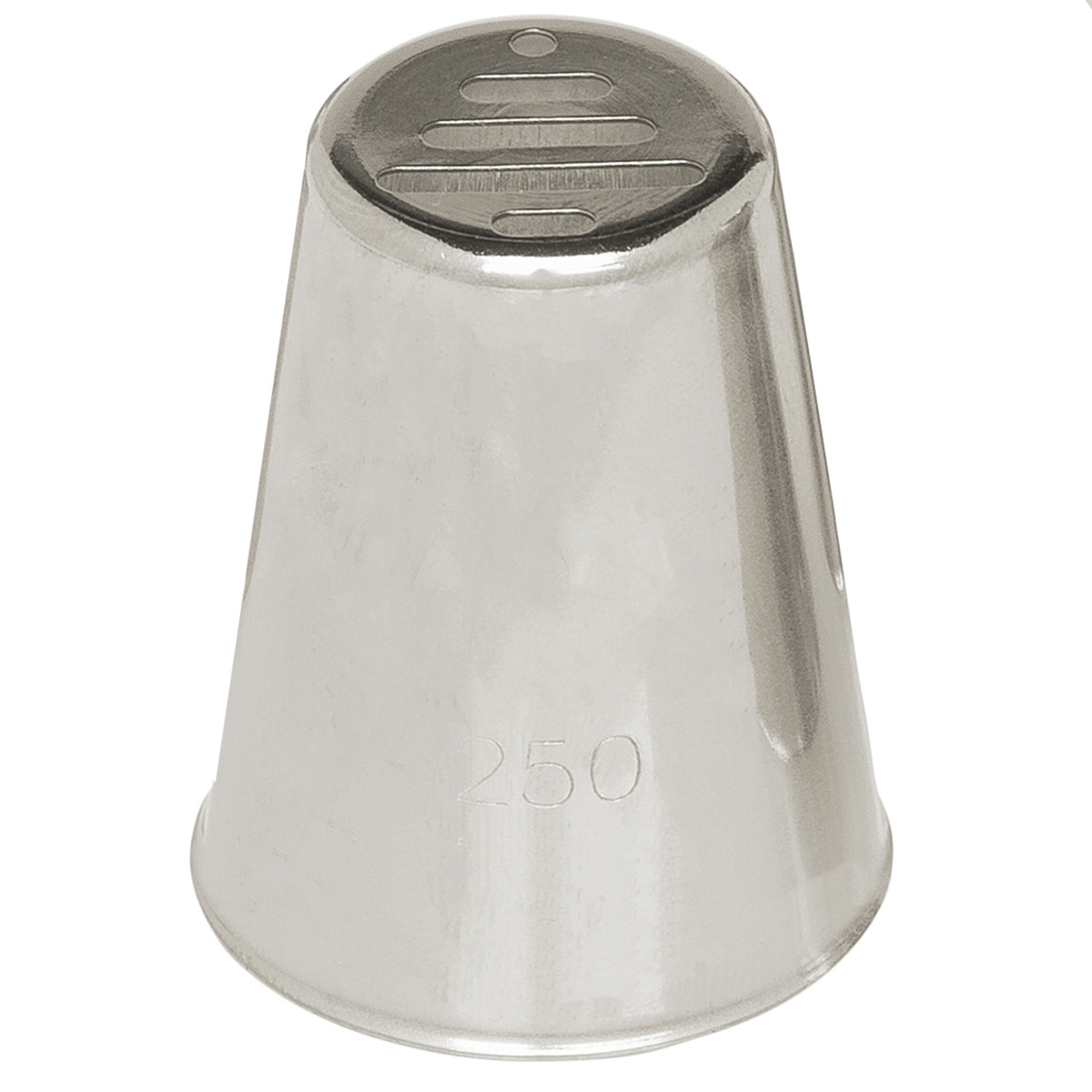 Ateco 250 stainless steel Christmas tree piping tip, conical body with multi-slot opening, number 250 embossed on side