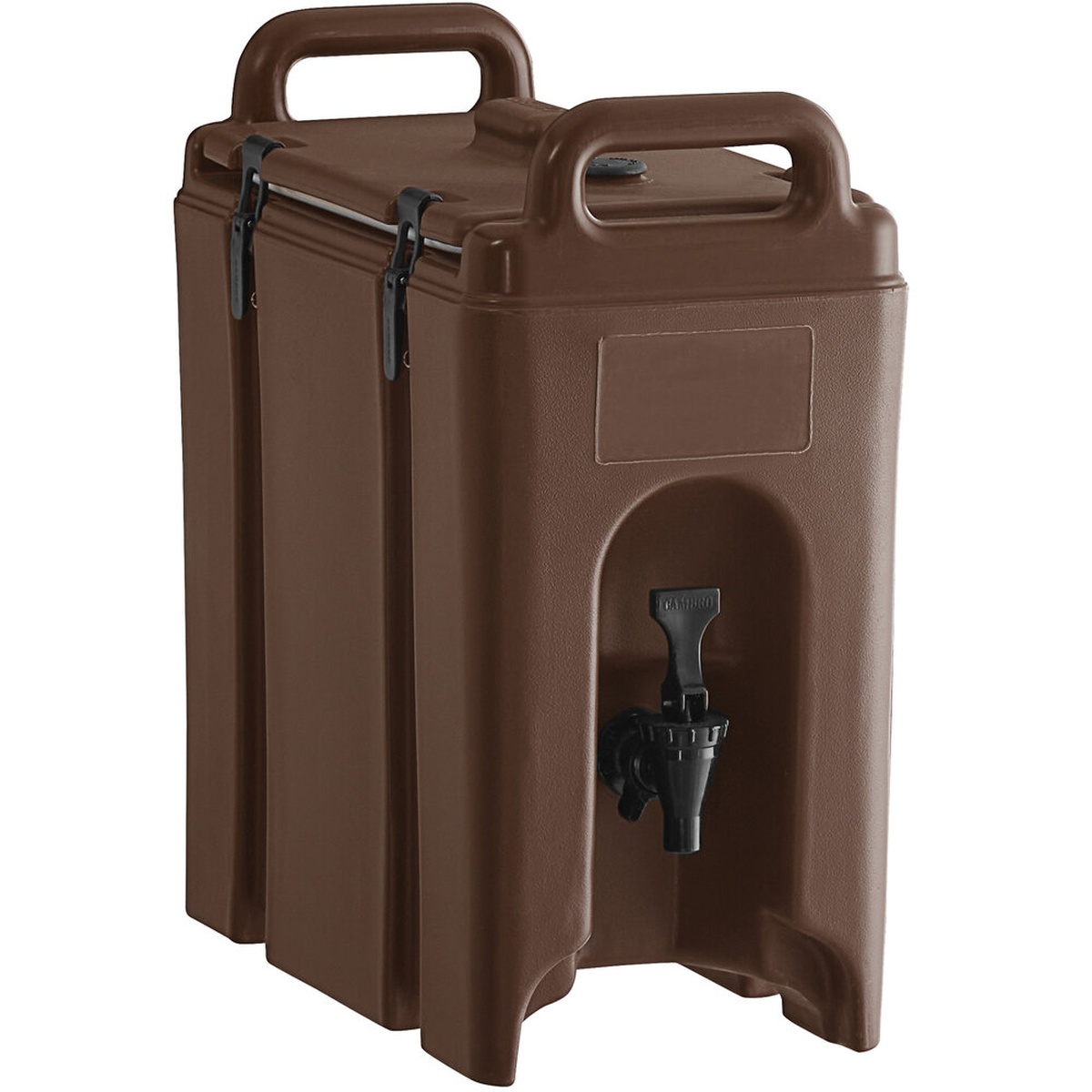 Cambro 250LCD131 Camtainer 2.5 gallon dark brown insulated beverage dispenser with molded handles, lid latches, and drip-proof spigot