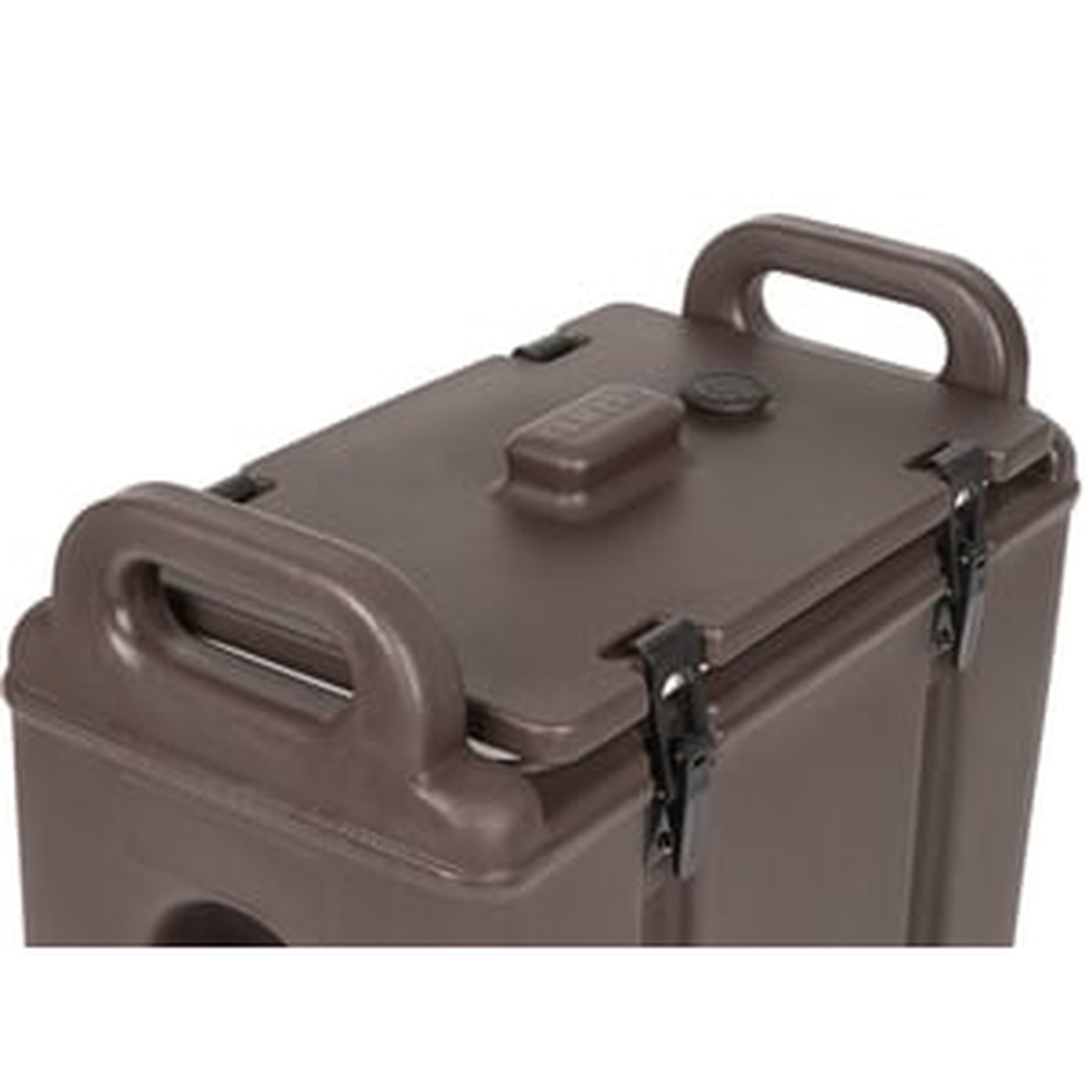Close-up of the Cambro Camtainer dark brown lid showing molded carry handles and secure lid latches