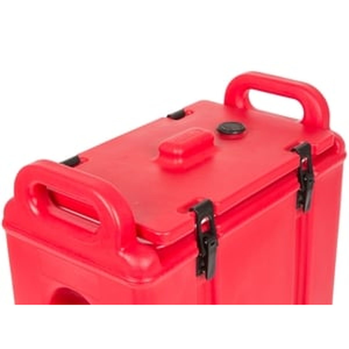 Close-up top view of Cambro Camtainer showing lid, pop-up vent cap, molded handles, and plastic latches with metal backing plates
