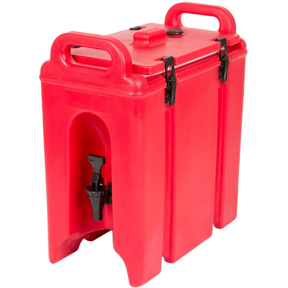 Cambro 250LCD158 Camtainer 2.5-gallon hot red insulated beverage dispenser with molded handles, lid latches, and recessed spigot