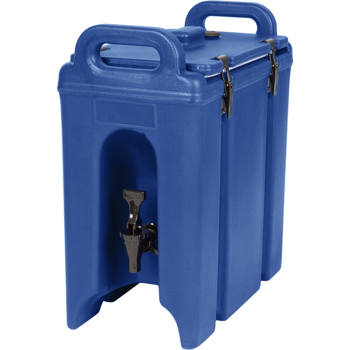 Cambro 250LCD186 Camtainer 2.5 Gallon Navy Blue Insulated Beverage Dispenser with drip-proof spigot, molded handles, and latch-secured lid