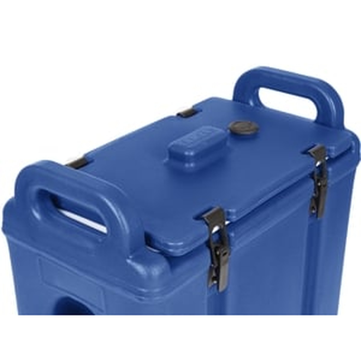 Close-up of Cambro Camtainer navy blue beverage dispenser showing molded carry handles, lid latches, and vent cap on top