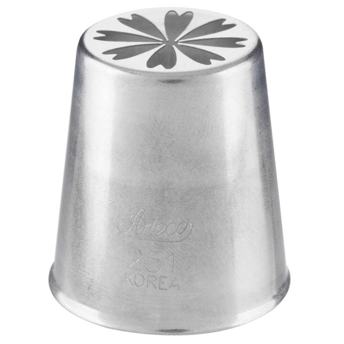 Ateco 251 Russian piping tip, stainless steel, showing cherry blossom opening pattern, model number stamped on side