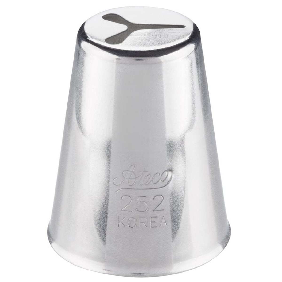 Ateco 252 stainless steel heart piping tip showing heart-shaped opening at top, stamped with Ateco 252 branding