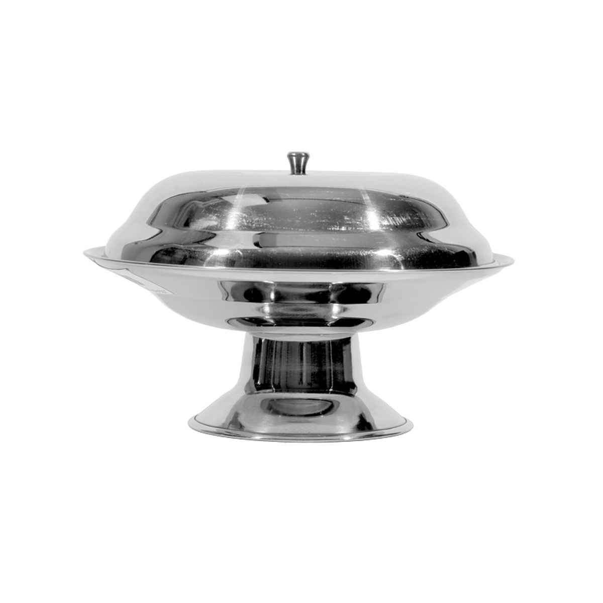 Town stainless steel compote dish with cover shown from a slight angle, highlighting polished finish and pedestal base