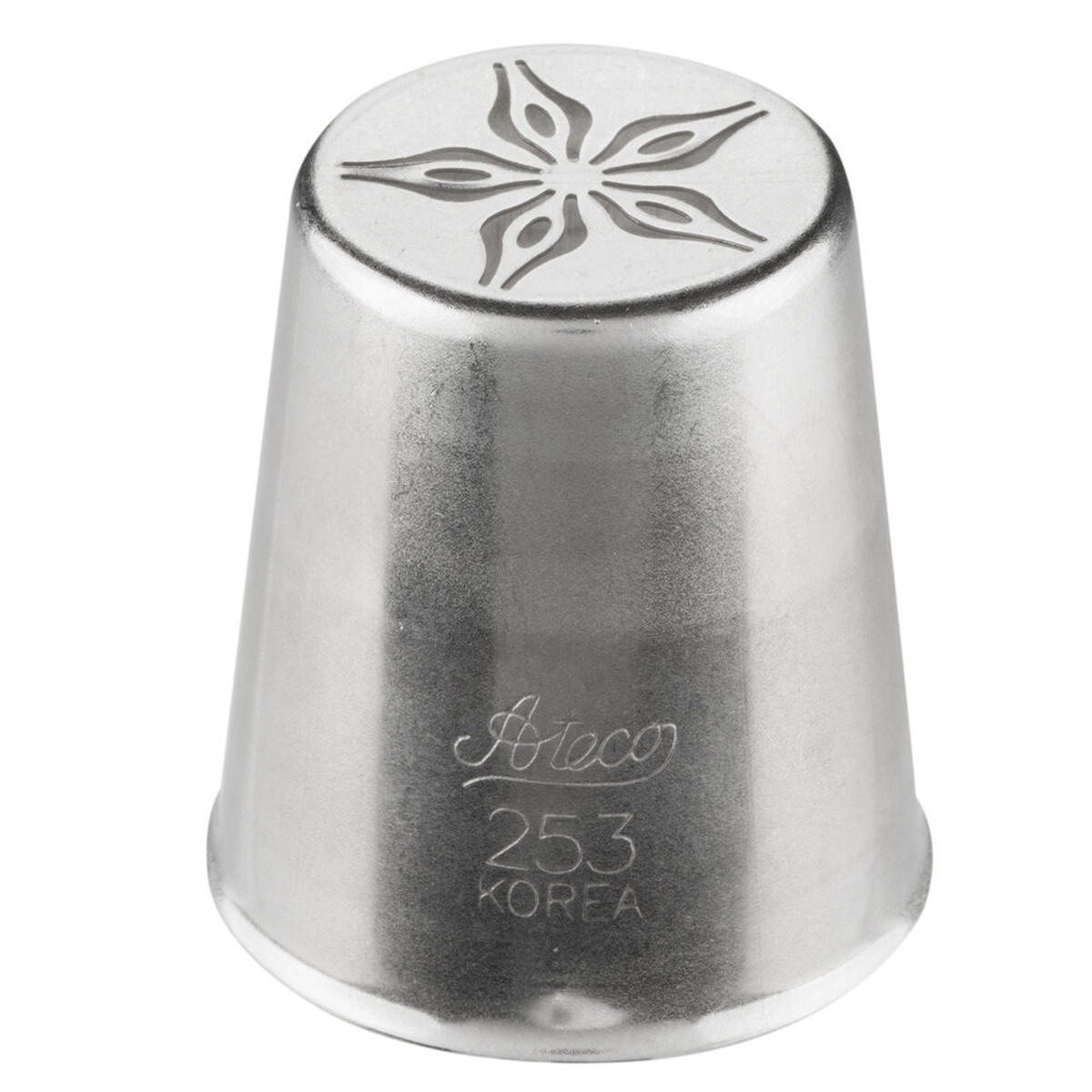 Ateco 253 stainless steel Russian piping tip with floral cutout pattern on top, stamped Ateco 253 Korea
