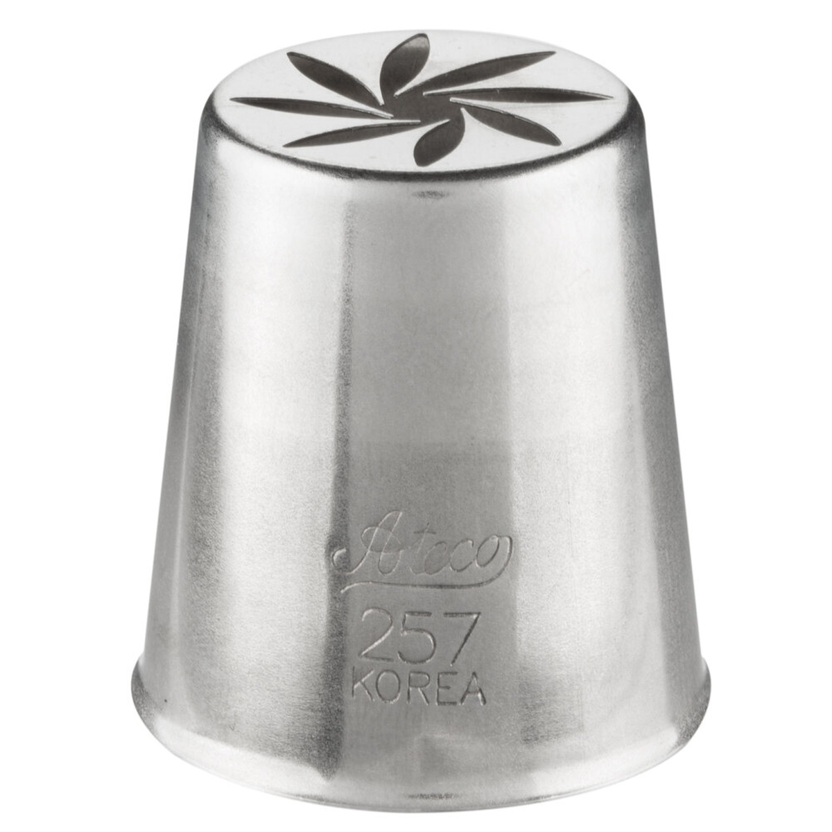 Ateco 257 stainless steel Russian piping tip with swirled petal opening, embossed with Ateco 257 Korea markings