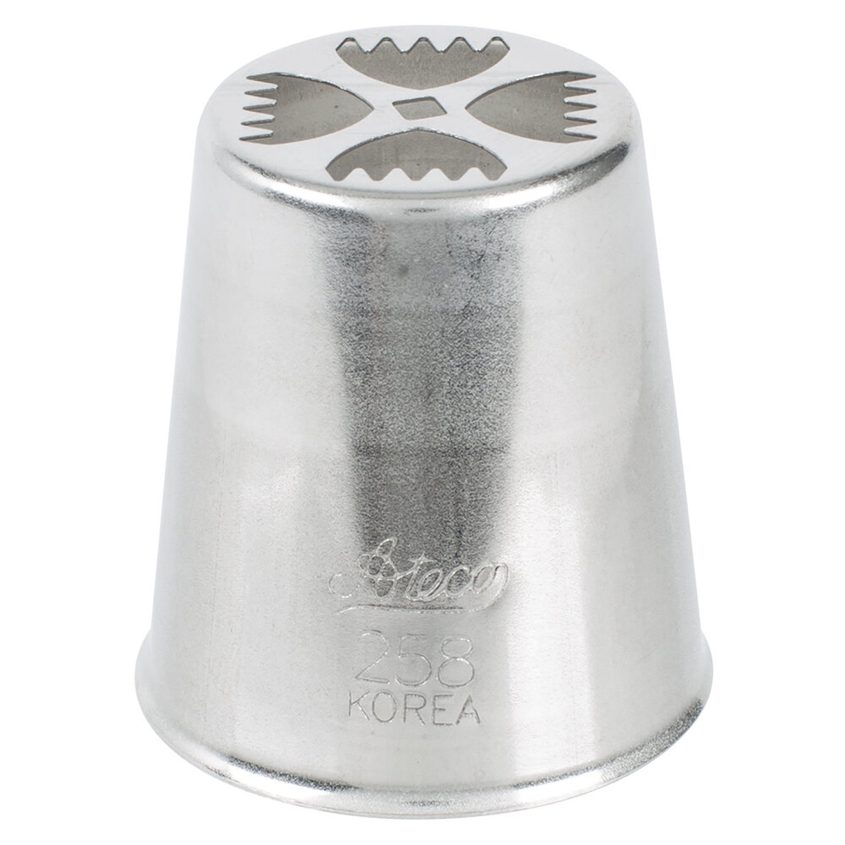 Ateco 258 Russian piping tip in stainless steel, showing the flower-shaped opening from above with model number stamped on the side