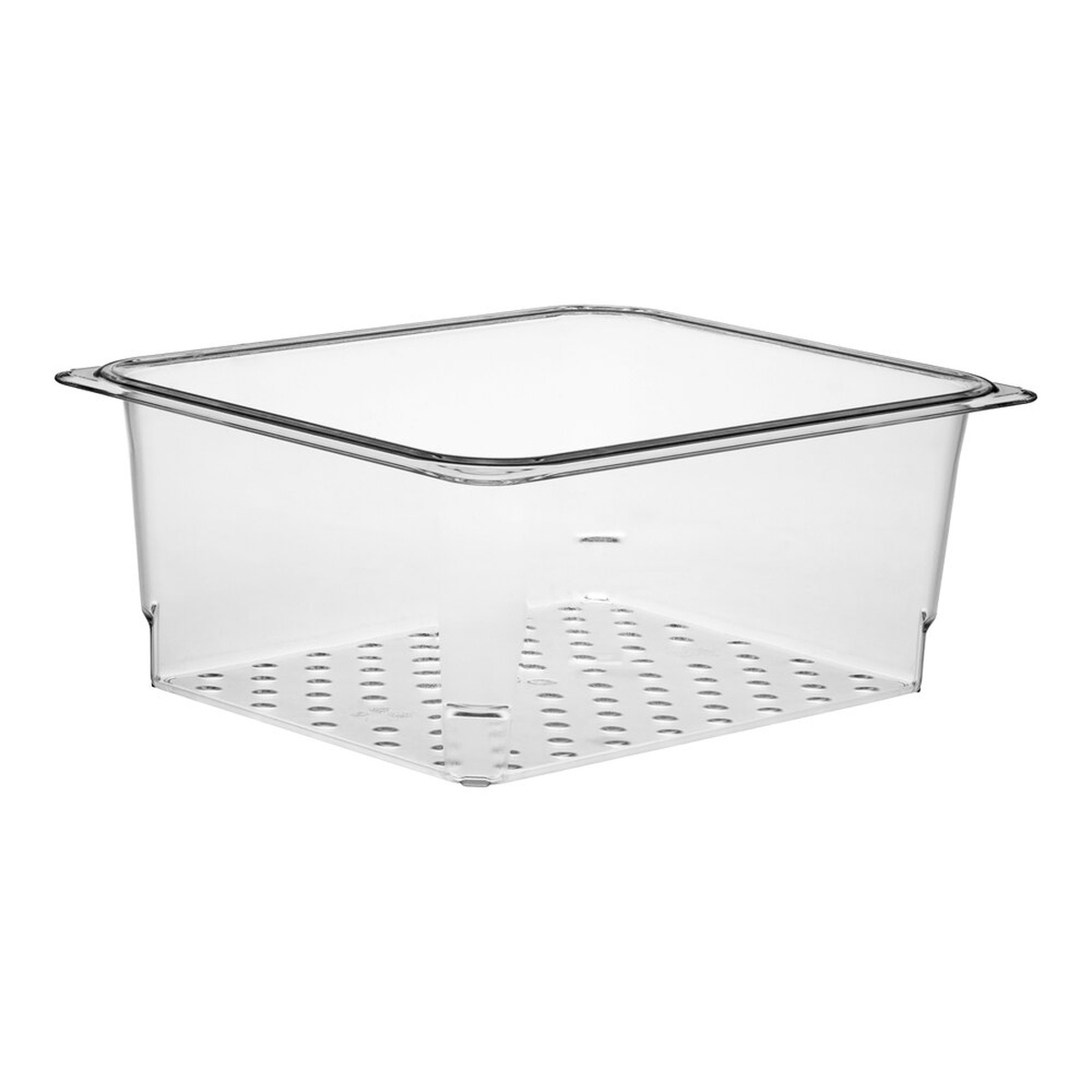Cambro 25CLRCW135 clear polycarbonate half-size colander pan with perforated bottom
