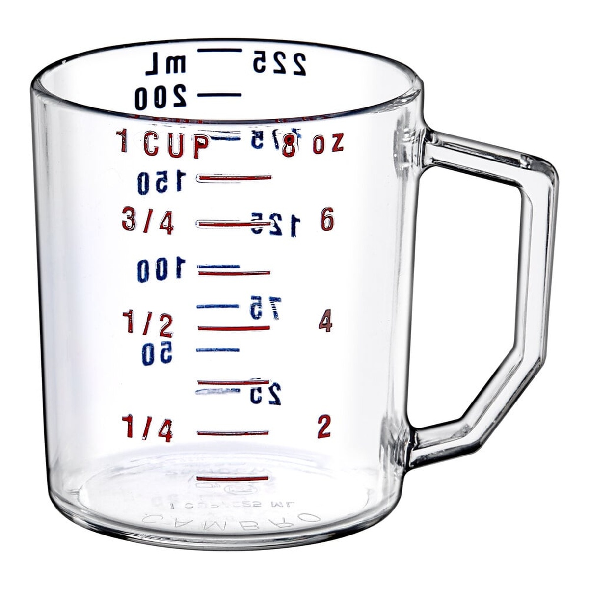 Cambro 25MCCW135 1-cup clear polycarbonate measuring cup with red imperial and blue metric graduations