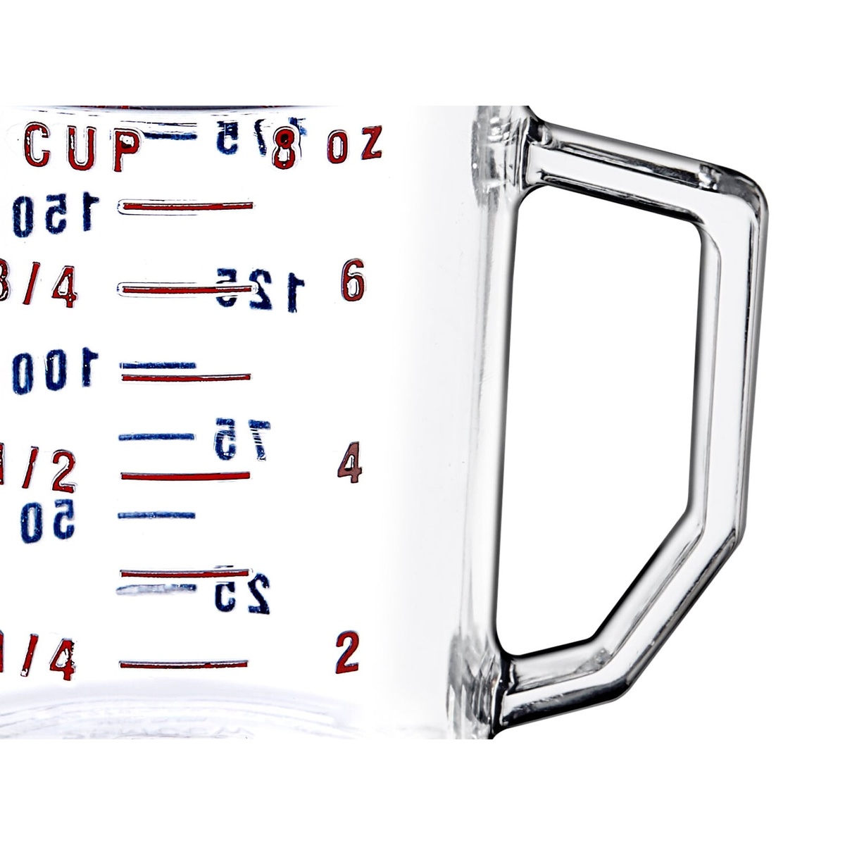 Close-up of Cambro 25MCCW135 measuring cup showing red and blue graduation markings and molded handle detail