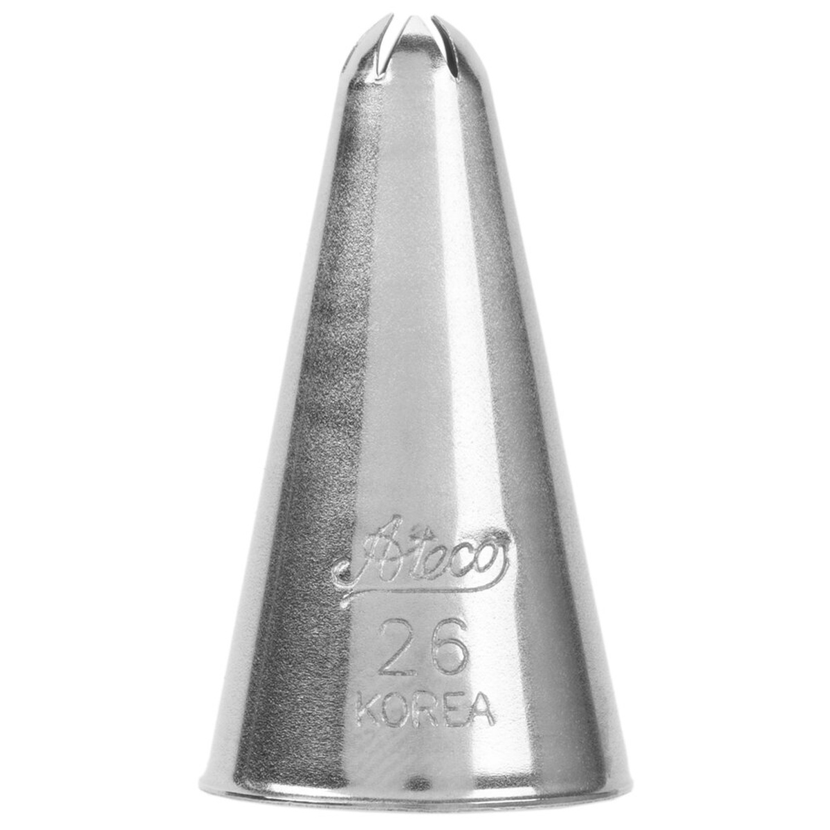 Ateco 26 closed star stainless steel piping tip, cone-shaped with star-cut opening, embossed with Ateco logo and number 26