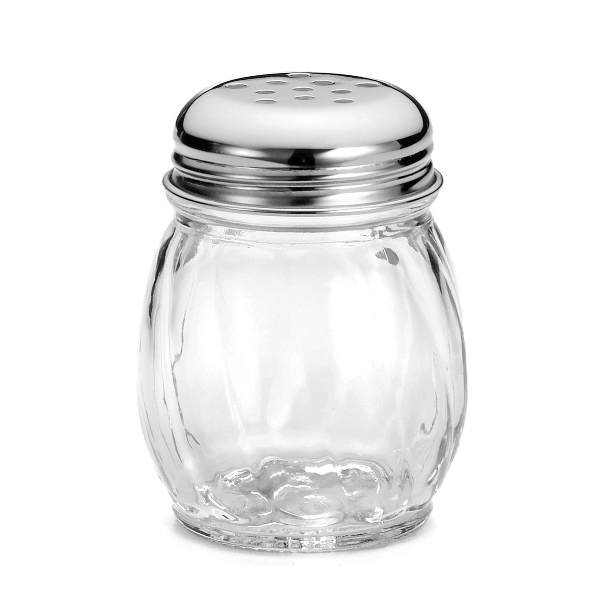 TableCraft 260T perforated chrome top fitted on a swirl glass cheese shaker, product on white background