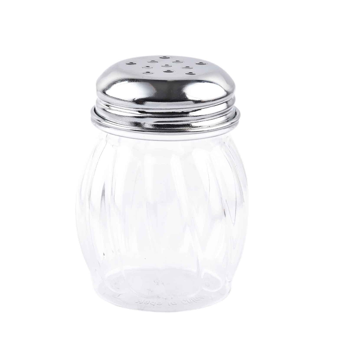 TableCraft 260T perforated chrome shaker top on swirl glass shaker body, product on white background
