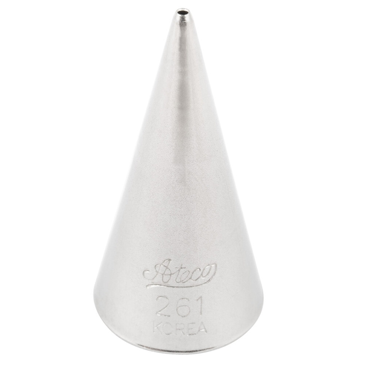 Ateco 261 plain round piping tip showing extra-small circular opening and stainless steel cone body with engraved Ateco 261 Korea markings