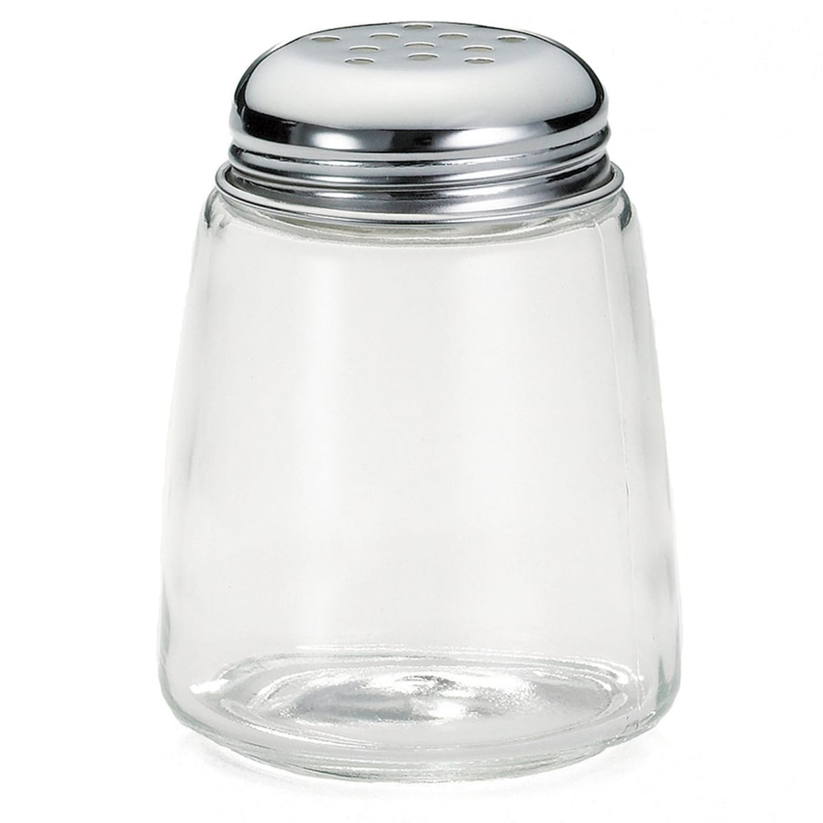 Tablecraft 261 clear glass cheese shaker with chrome perforated screw-top lid, shown empty on white background