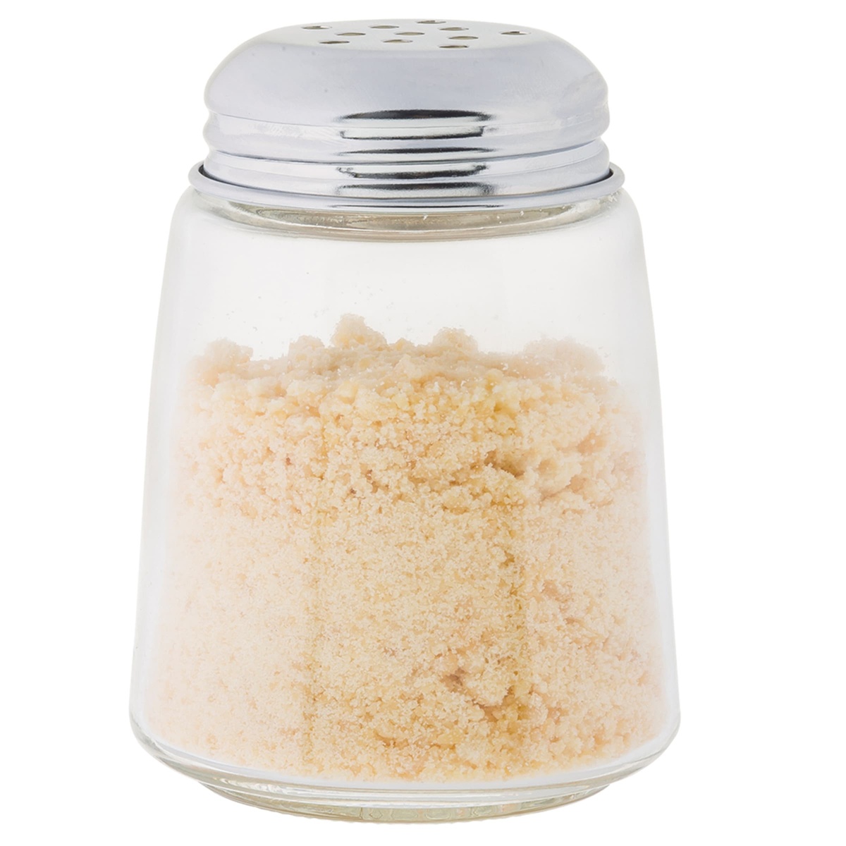 Tablecraft 261 glass cheese shaker filled with grated parmesan cheese, chrome perforated lid on white background