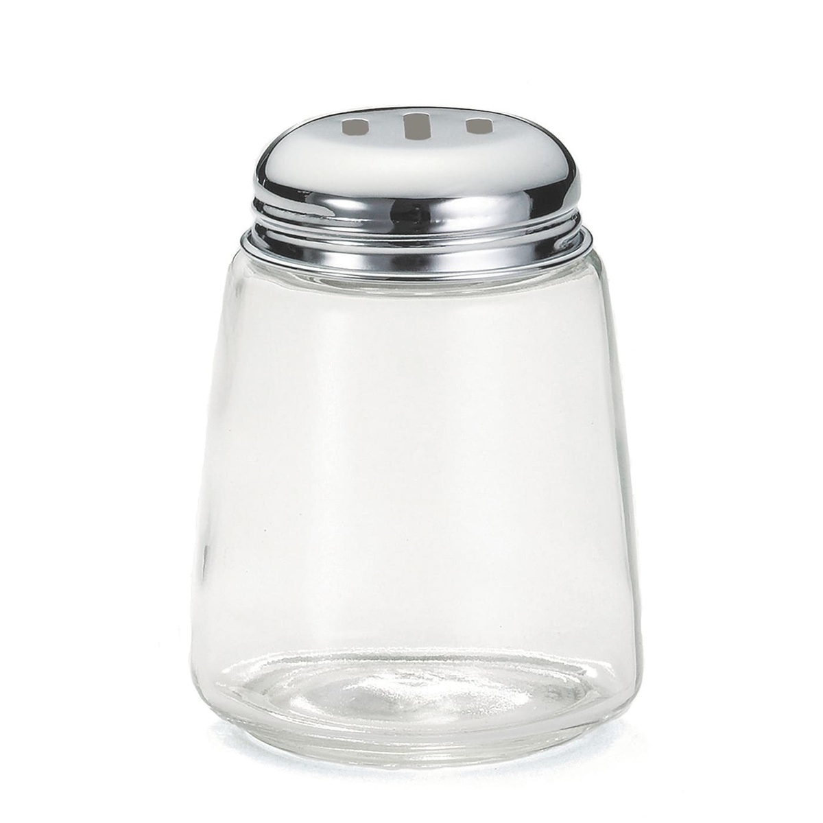 Tablecraft 262 modern clear glass cheese shaker with chrome slotted lid on white background