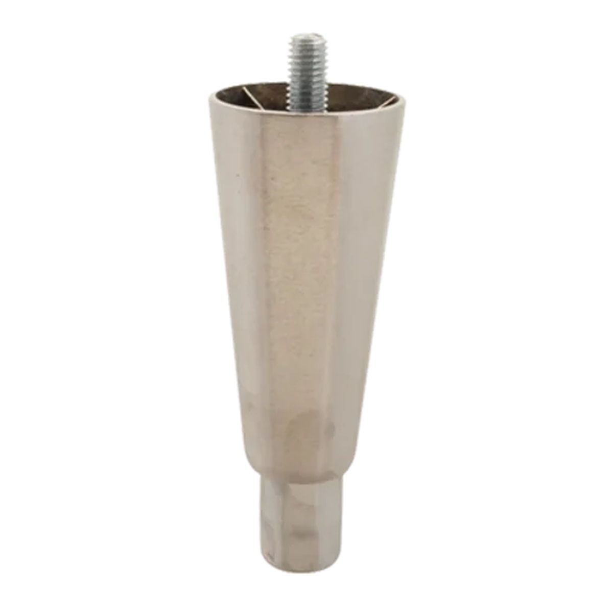 AllPoints equipment leg with tapered zinc die cast body, satin nickel finish, threaded mounting stud at top, and stainless steel hex foot at bottom