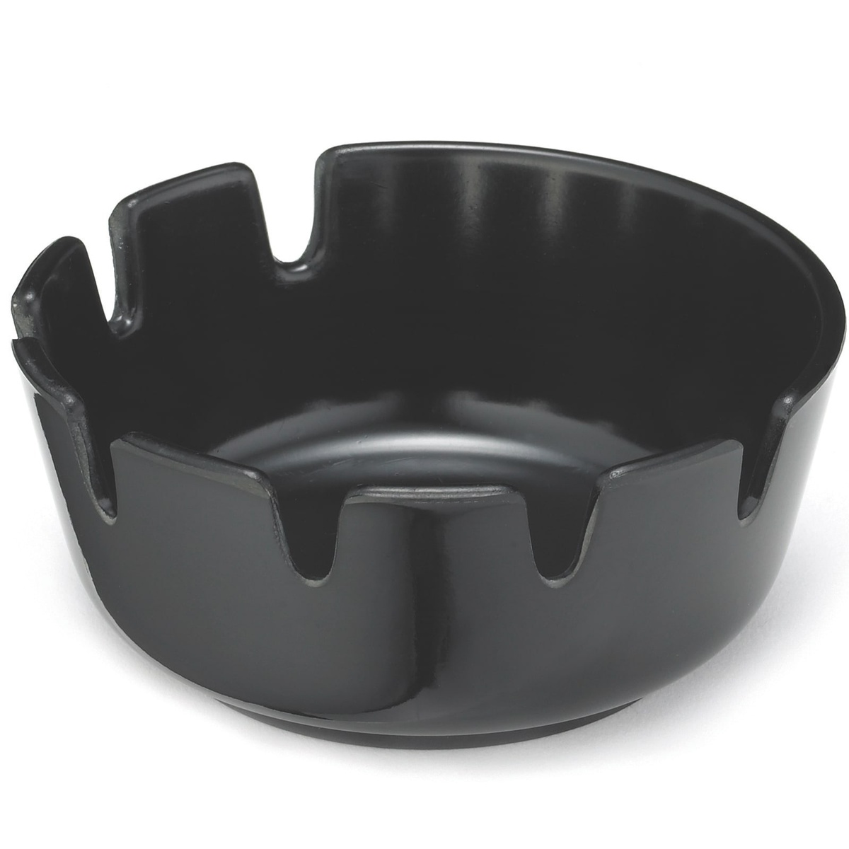 Tablecraft 263B-1 black round phenolic deep well stackable ashtray with cigarette rests