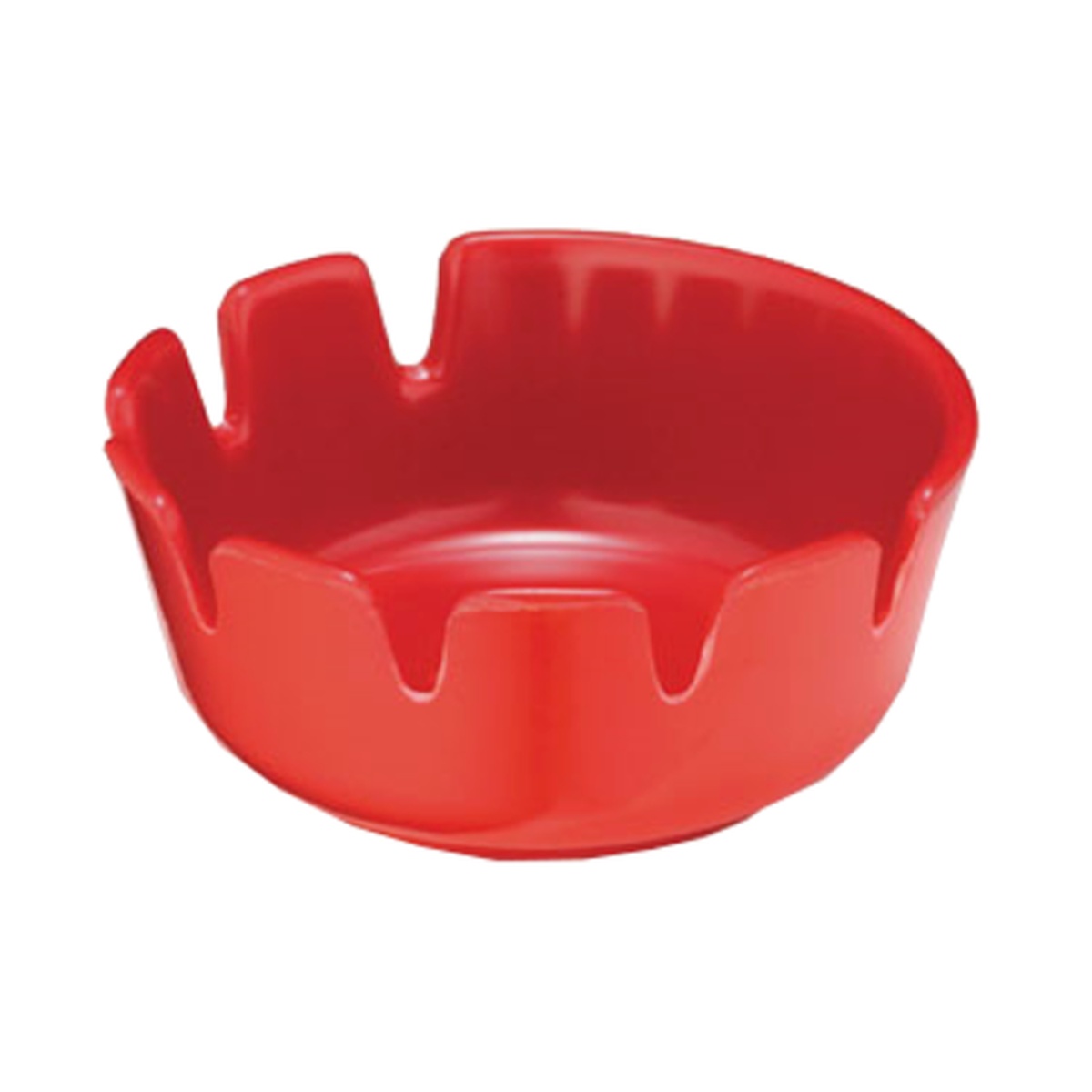 TableCraft 265R-1 deep well red melamine ashtray with four cigarette rests, viewed from above at an angle