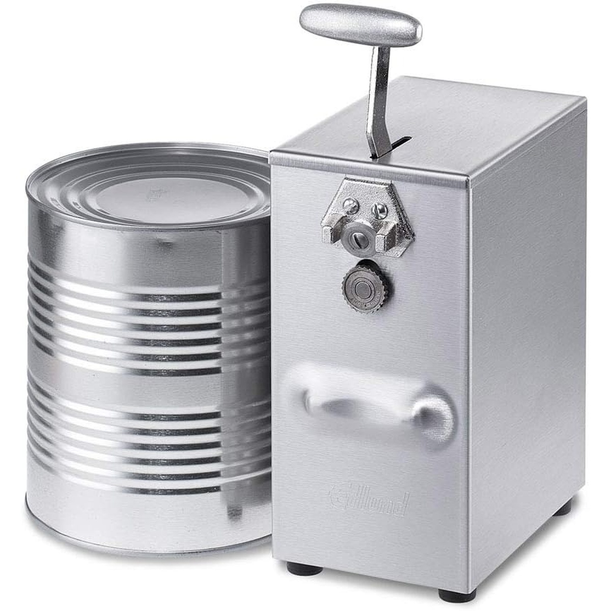Edlund 266 electric can opener with stainless steel body and rubber feet shown beside a large commercial can