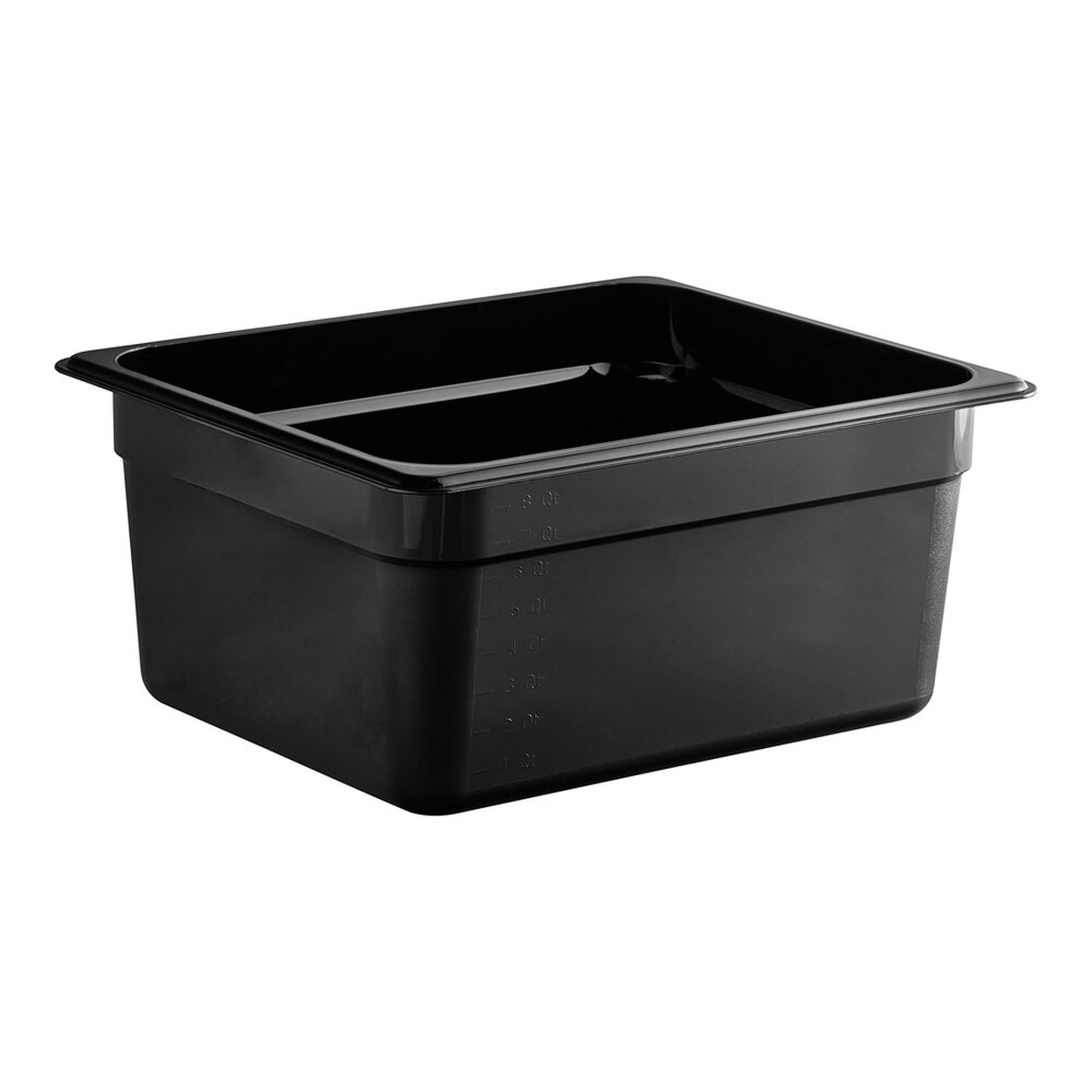 Cambro 26CW110 black polycarbonate half-size food pan showing molded-in quart graduations on the exterior wall