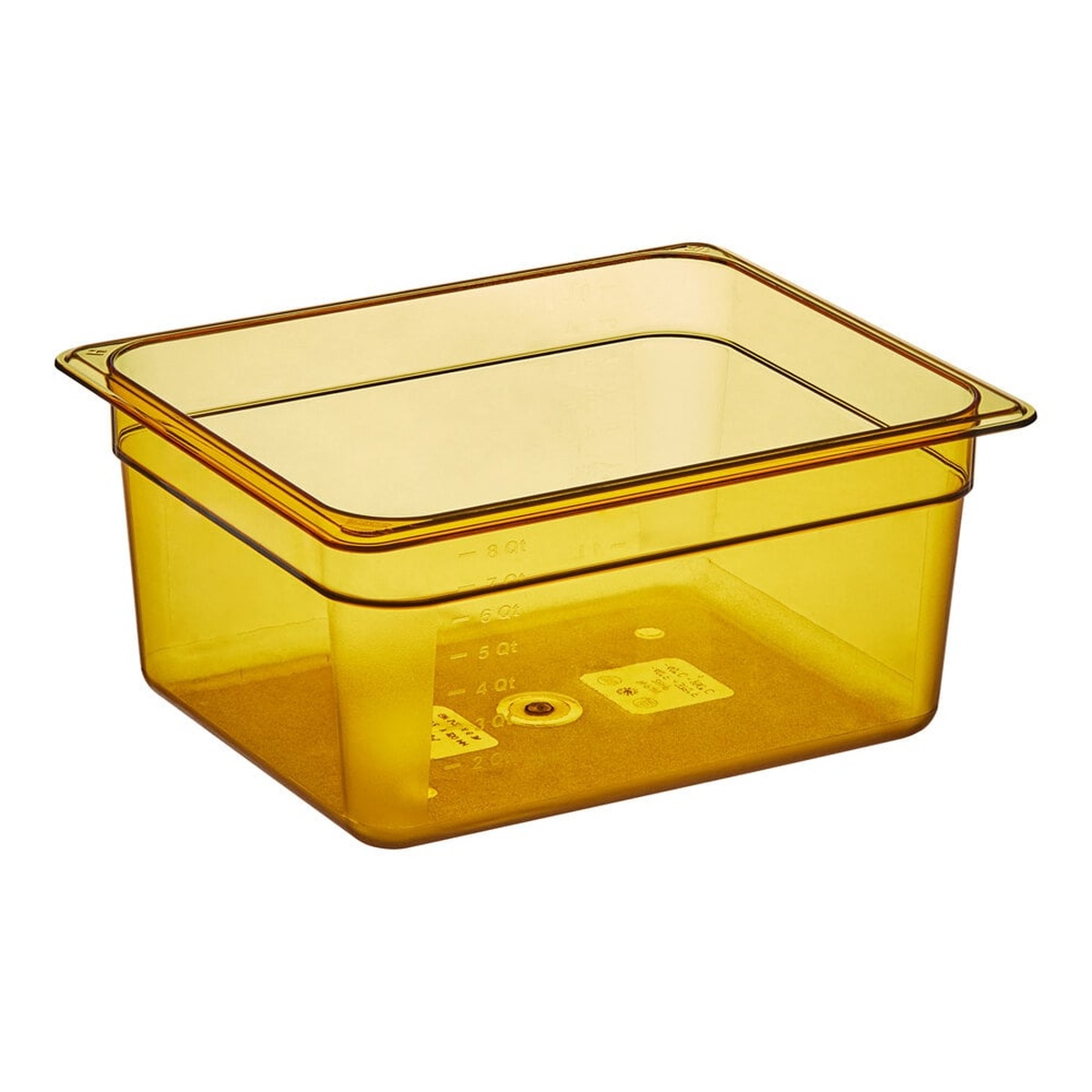 Cambro 26HP150 amber high-heat half-size food pan, 6 inches deep, with molded quart markings on the interior wall