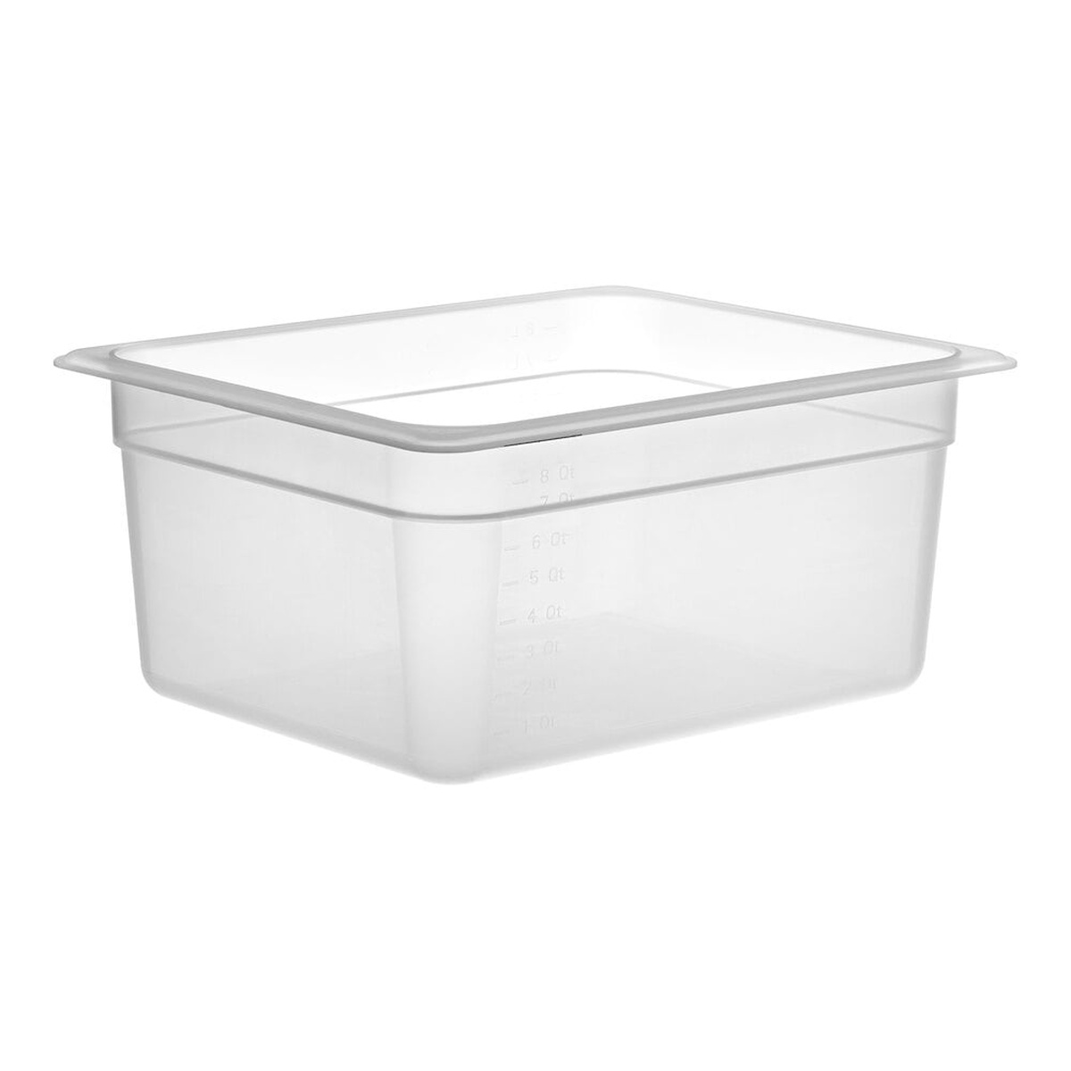 Cambro 26PP190 1/2 size translucent polypropylene food pan showing molded-in quart graduations on the side