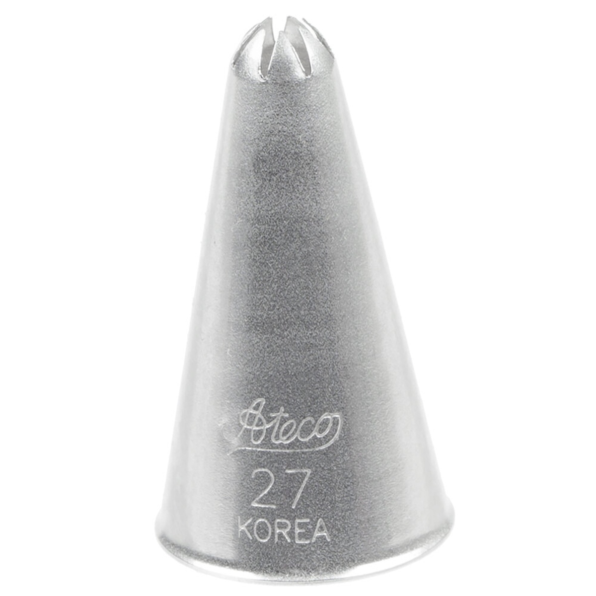 Ateco 27 closed star stainless steel piping tip, cone-shaped with star opening at top, embossed with Ateco logo and number 27
