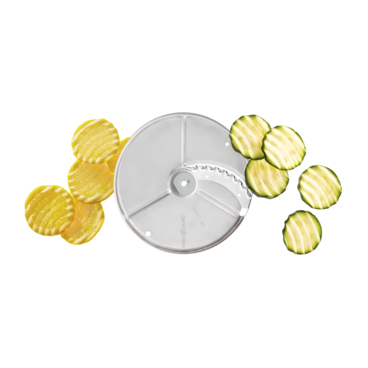Robot Coupe ripple cut disc shown with sliced potatoes and cucumbers demonstrating the textured cut pattern