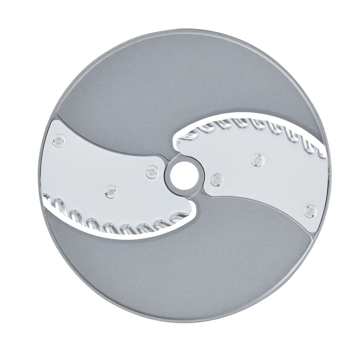 Angled view of Robot Coupe ripple cut disc showing serrated cutting edge and durable construction