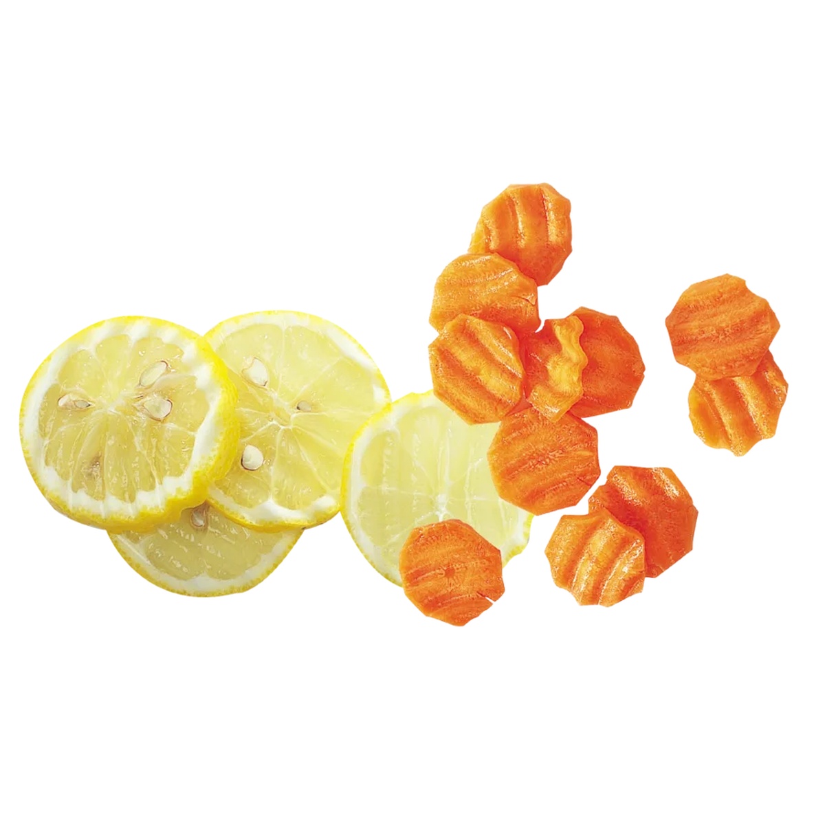 Ripple-cut sliced lemons and carrots showing the uniform wave pattern created by the disc