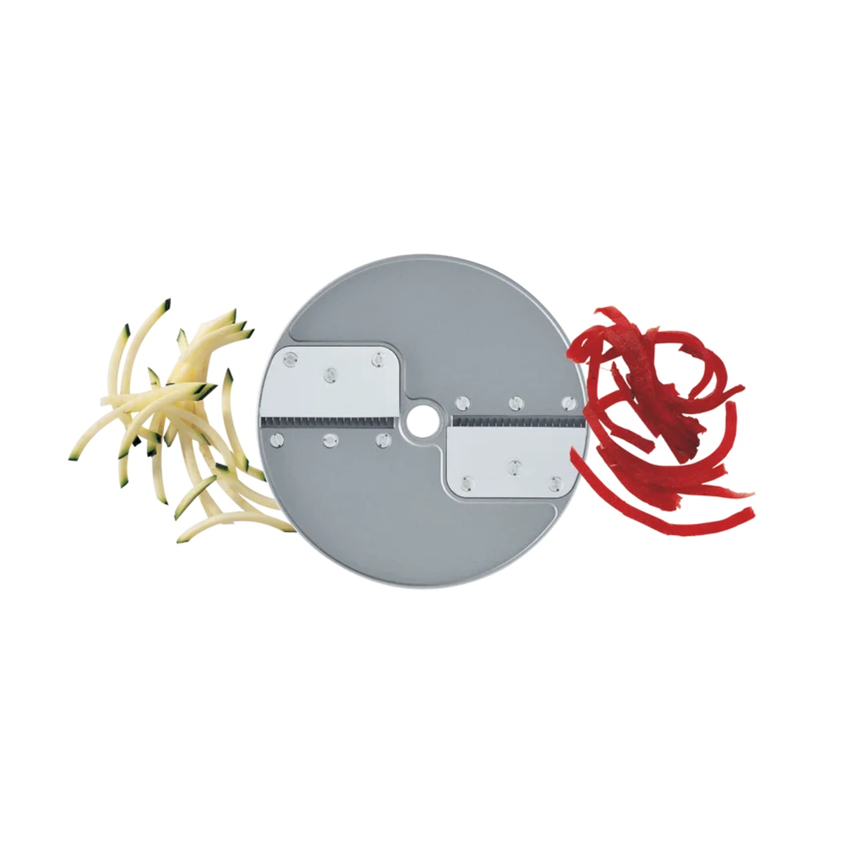 Front view of Robot Coupe julienne disc showing dual cutting blade sections